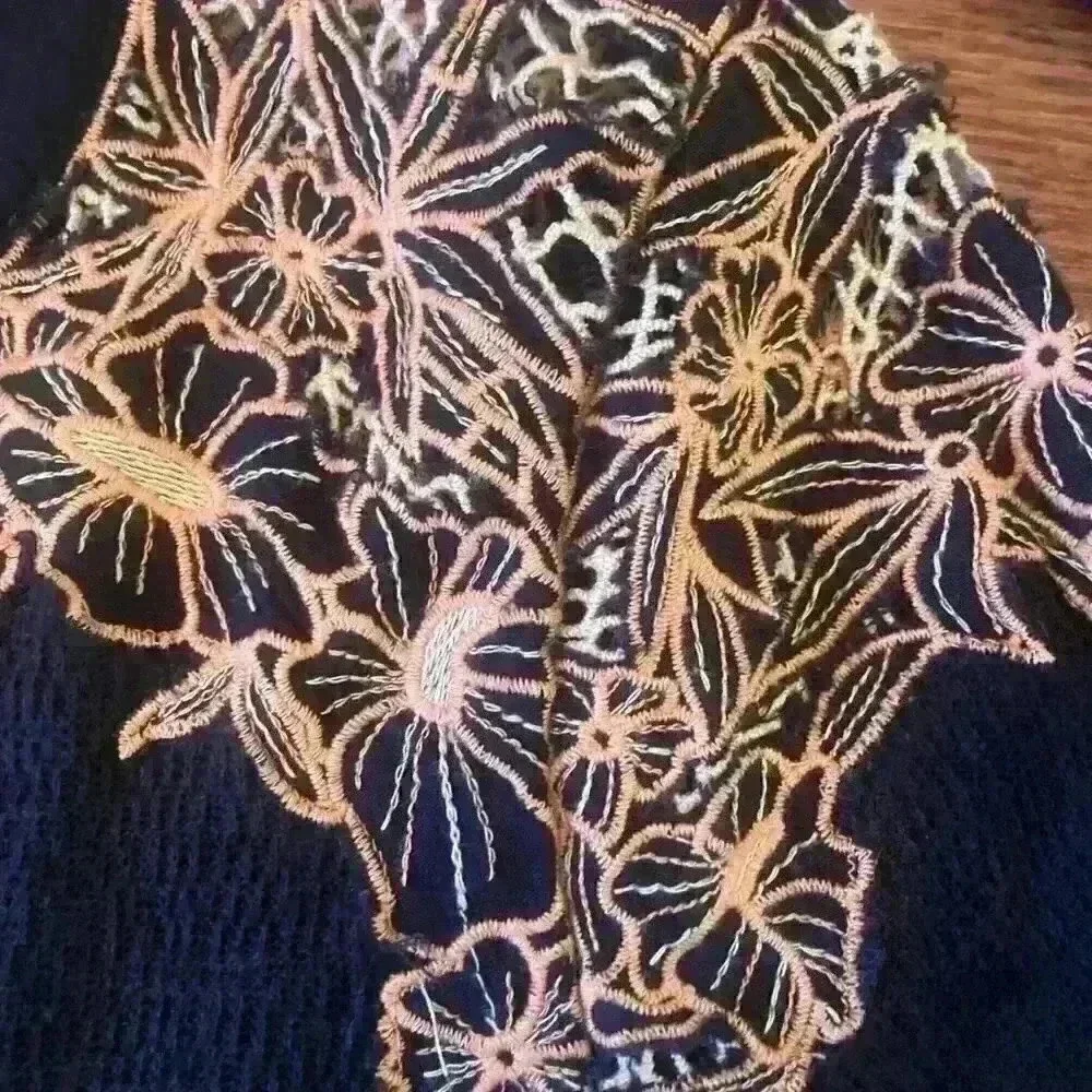 Free People Boho Black Gauze Thermal Embroidered Long Sleeve Top size XS